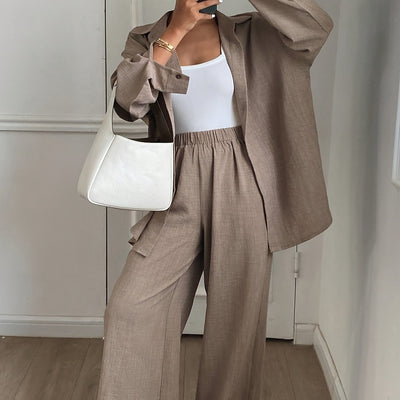 Women's Autumn/Winter Button- Solid Color Long Sleeve Shirt + Loose Fit Pants 2pcs Set