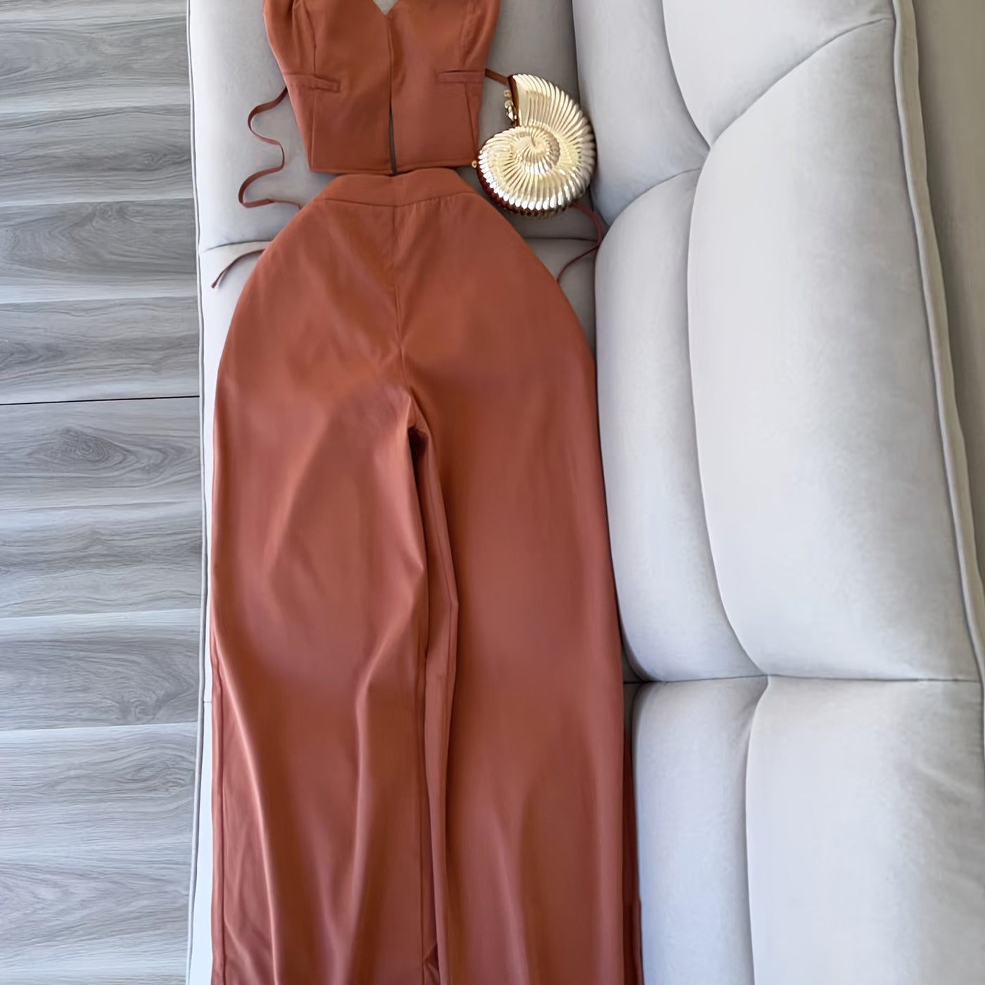 Solid Color Halter Neck Crop Top + Wide Leg Pants 2pcs Set