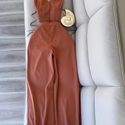 Solid Color Halter Neck Crop Top + Wide Leg Pants 2pcs Set