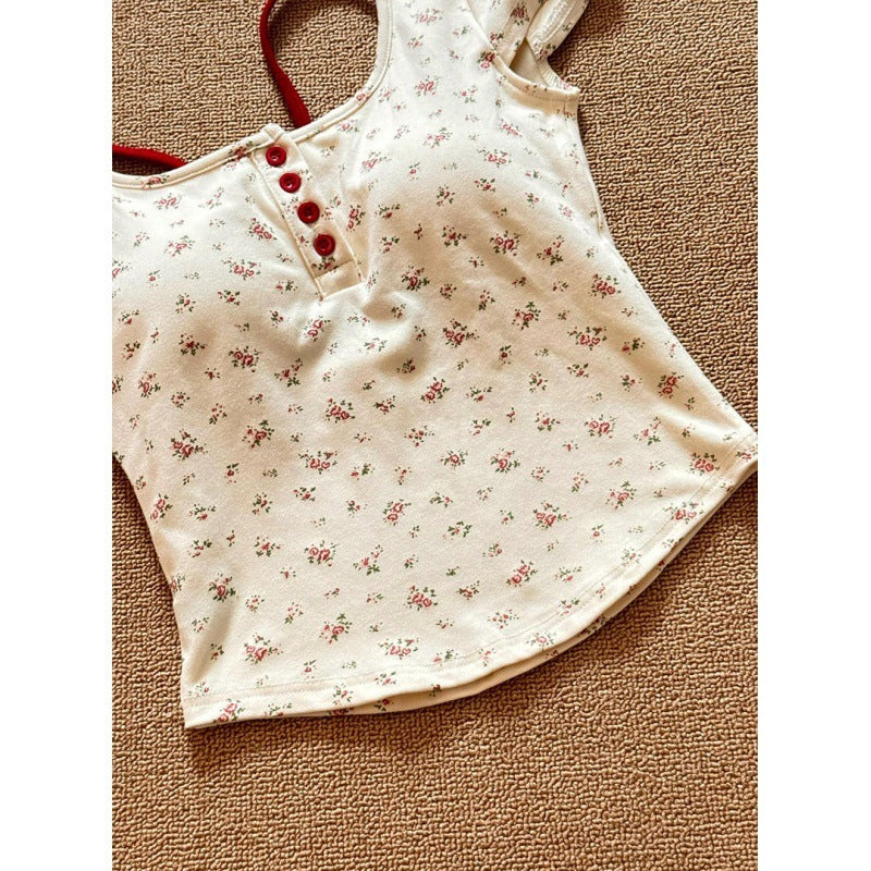 Pure Desire Floral Square Collar Shoulder Short-sleeved T-shirt Women's Summer With Chest Pad