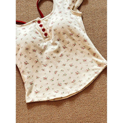 Pure Desire Floral Square Collar Shoulder Short-sleeved T-shirt Women's Summer With Chest Pad