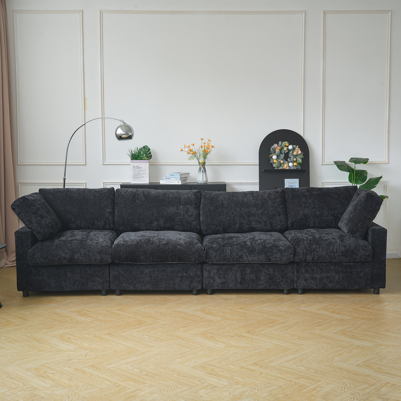 134" Extra Long Modular Sectional Sofa - 4-Seater Convertible L-Shaped Couch with Chaise Lounge, Washable Fabric Upholstery & Plush Cushions, Modern Minimalist Black Sectional Sofa for Large Living Room, Apartment, Open-Conce