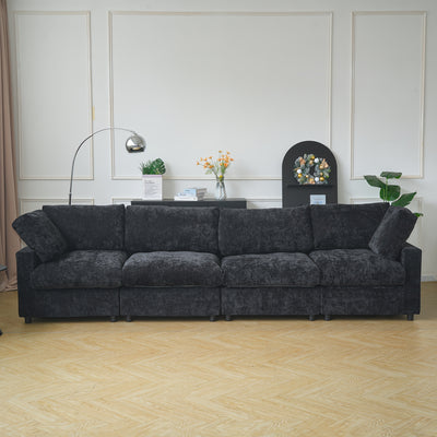 134" Extra Long Modular Sectional Sofa - 4-Seater Convertible L-Shaped Couch with Chaise Lounge, Washable Fabric Upholstery & Plush Cushions, Modern Minimalist Black Sectional Sofa for Large Living Room, Apartment, Open-Conce