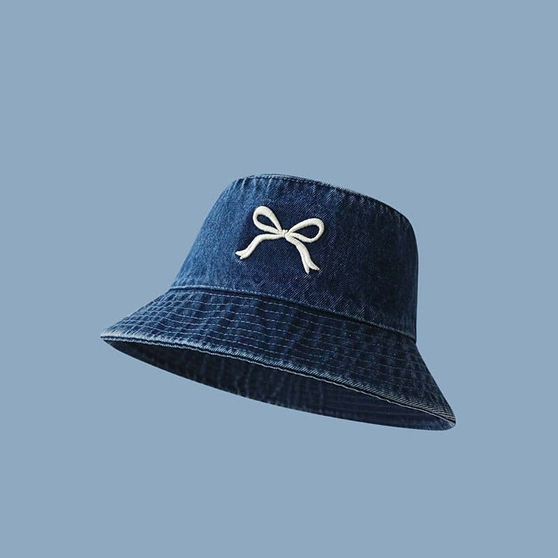 1pc - Korean Style Embroidered Bow Fisherman Hat for Spring And Summer Outings, Sun Protection, Denim Bucket Hat for Women, Casual And Versatile, Makes The Face Look Smaller.