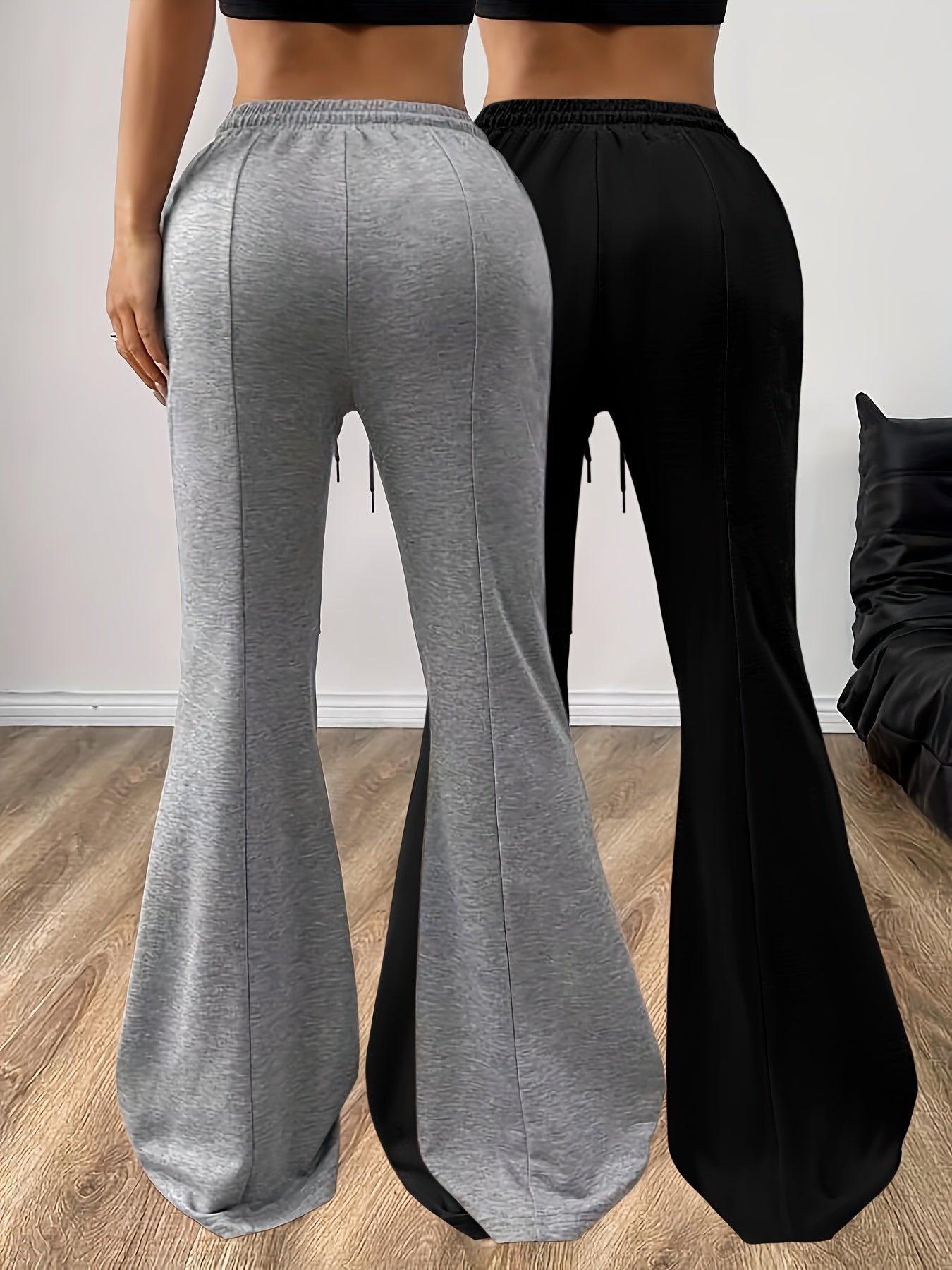 Solid Color Casual Pants Set, High Waist Drawstring Flare Pants Outfit for Women