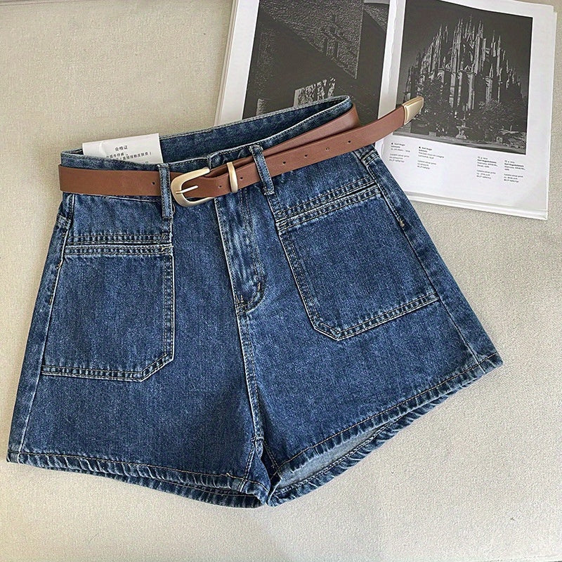 Women's High-Waisted A-Line Denim Shorts - Summer 2024 Fashion, Versatile Korean Style Wide-Leg Hot Pants, White & Pinkish-Beige Jean Shorts with Adjustable Belt, Casual Streetwear for Women, Adjustable Fit Shorts | Buckle De