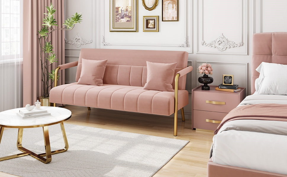 Costoffs Velvet Fabric Sofa Couch, 56.5″ W Modern Loveseat Couch with Gold-tone Metal Arms, Legs & 2 Pillows, Sofa for Living Room, Bedroom Furniture, Halloween Gift, Pink/Green/Gray