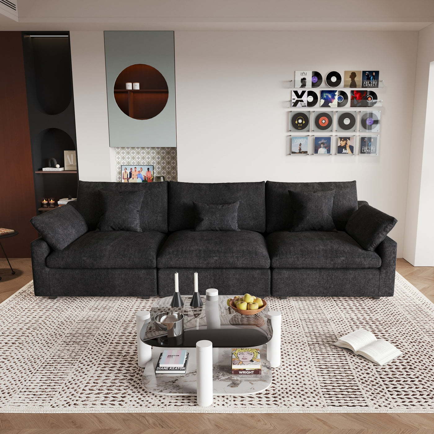 Modern 3-Seater Sectional Sofa with Removable Washable Linen Fabric & Adjustable Backrest Pillows - Black Slope Armrest Design, Chaise Lounge Compatible, Frame - Convertible Sleeper Sofa for Small Apartments & Living Rooms, B