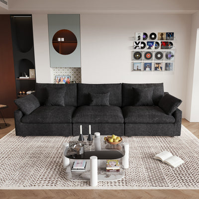 Modern 3-Seater Sectional Sofa with Removable Washable Linen Fabric & Adjustable Backrest Pillows - Black Slope Armrest Design, Chaise Lounge Compatible, Frame - Convertible Sleeper Sofa for Small Apartments & Living Rooms, B