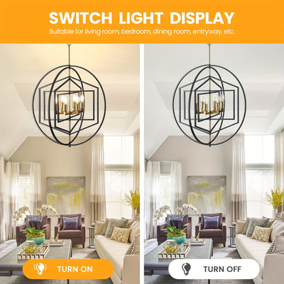 26" Farmhouse Chandelier, 6 Light Black And Golden Chandelier, Large Chandeliers For High Ceilings, Round Pendant Lights For Living Room, Staircase