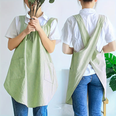 1pc Apron, Korean Retro Countryside Apron, Double Shoulder Strapless Women's Apron With Two Pockets, Great Unisex Apron For Work Clothes, For Comfortable Home Covering, Kitchen Supplies