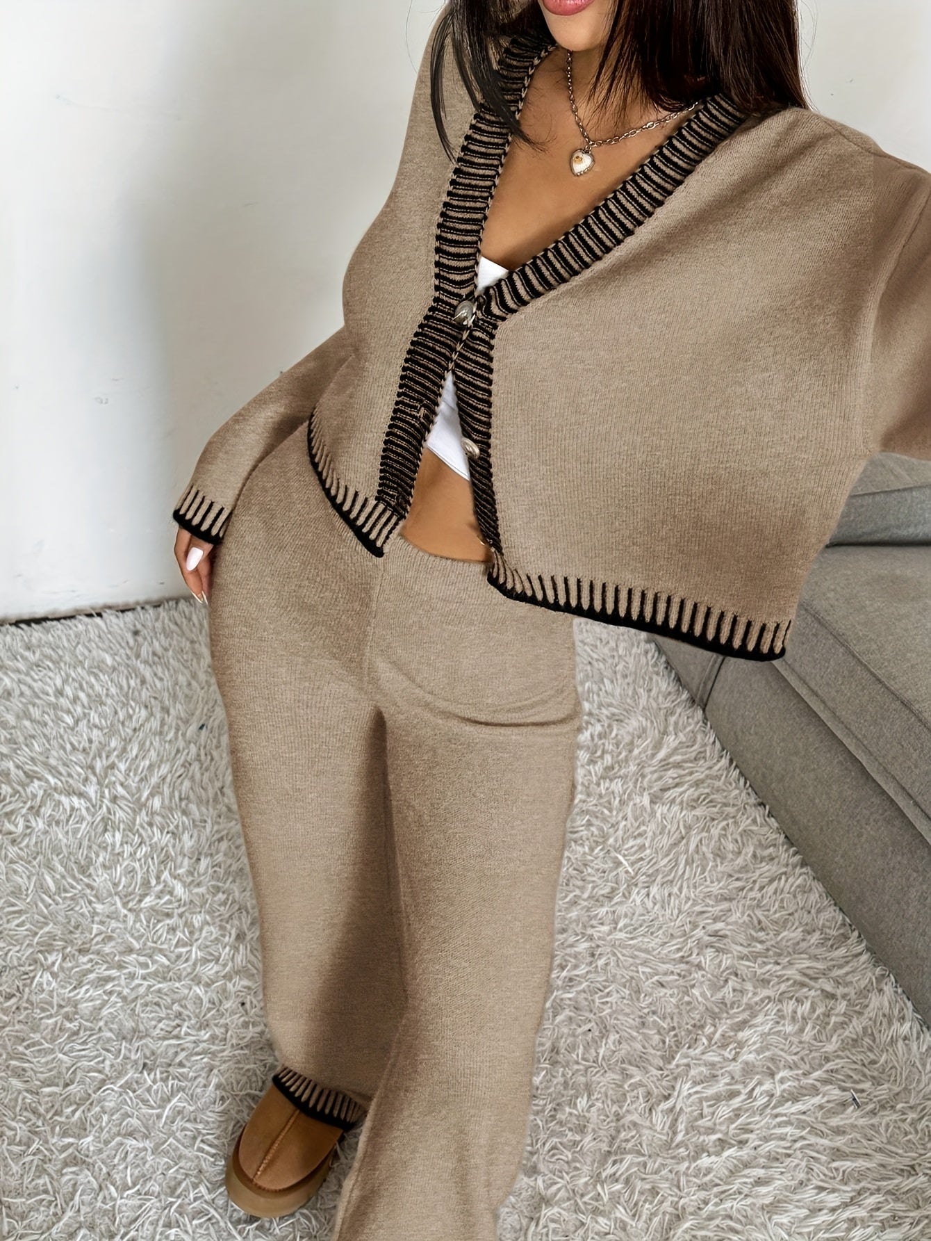 Set Long Sleeve Cardigan and Pants Button V-Neck Khaki Elegant Casual Sweater Outfit for Women Autumn Winter Fashion