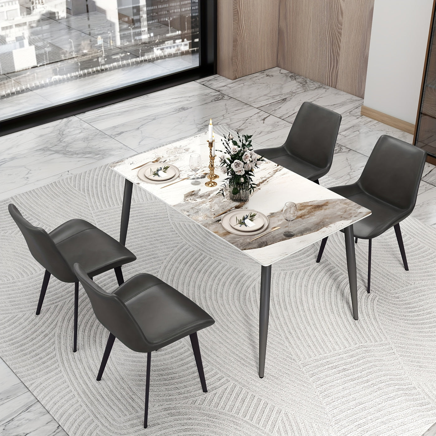 Modern White Sintered Stone Dining Table with Solid Carbon Steel Legs - Space-Saving Rectangular Table for Small Spaces, Easy Assembly, Scratch & Heat Resistant, 200lb Weight Capacity, Marble-Like Surface, Ideal for Apartment