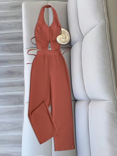 Solid Color Halter Neck Crop Top + Wide Leg Pants 2pcs Set