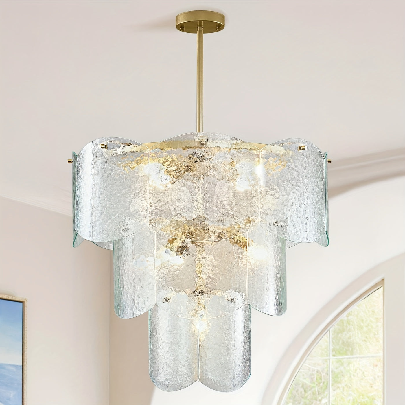 24" Modern Golden Chandelier with 8 Light Bulbs - Adjustable Round Glass Pendant for Dining Room, Kitchen Island, or Farmhouse Decor, Rustic Lighting Fixture with Polished Metal Finish, E12 Base, Compatible with LED/CFL Bulbs