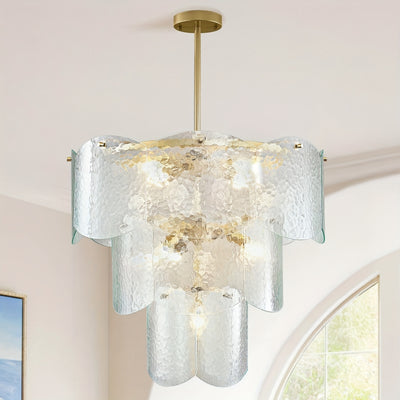 24" Modern Golden Chandelier with 8 Light Bulbs - Adjustable Round Glass Pendant for Dining Room, Kitchen Island, or Farmhouse Decor, Rustic Lighting Fixture with Polished Metal Finish, E12 Base, Compatible with LED/CFL Bulbs