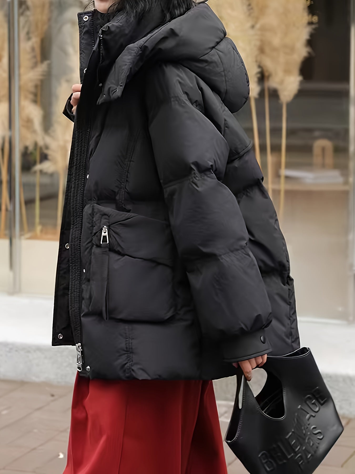 Women's Fashion Korean Style Mid-Length Puffer Coat, Thickened Warmth with Hood, Solid Color, Non-Stretch Polyester, Casual Loose Fit, Long Sleeve, Zipper Front, 180g Down, Winter Outerwear