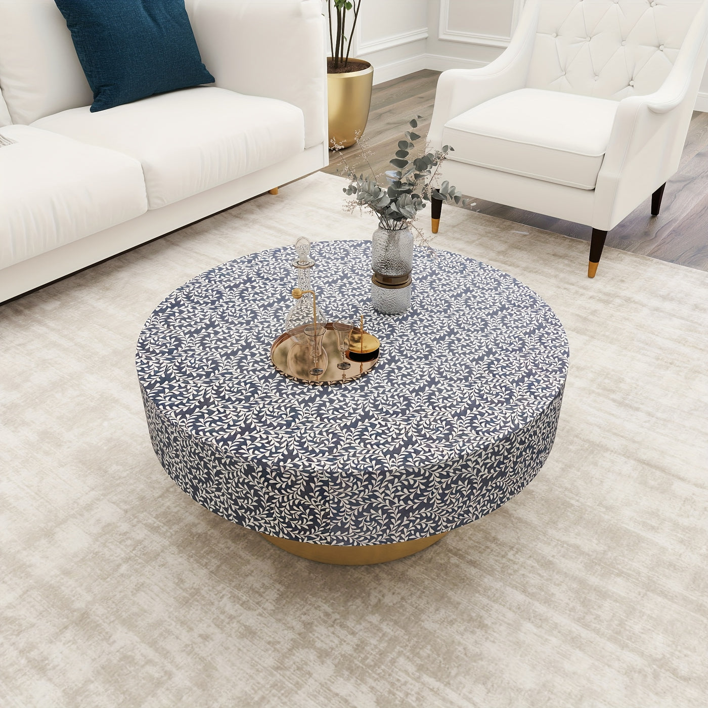32.5" Round Coffee Table with 2 Large Drawers - Mid-Century Modern Living Room Center Table, Heavy-Duty Metal Construction, Easy Assembly, Golden Accent base for Small Spaces, Apartments, Offices - Space-Saving Storage Organi