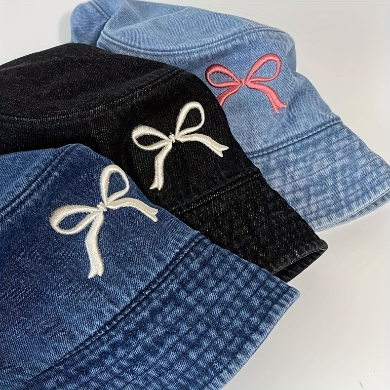1pc - Korean Style Embroidered Bow Fisherman Hat for Spring And Summer Outings, Sun Protection, Denim Bucket Hat for Women, Casual And Versatile, Makes The Face Look Smaller.