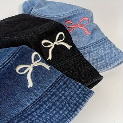 1pc - Korean Style Embroidered Bow Fisherman Hat for Spring And Summer Outings, Sun Protection, Denim Bucket Hat for Women, Casual And Versatile, Makes The Face Look Smaller.