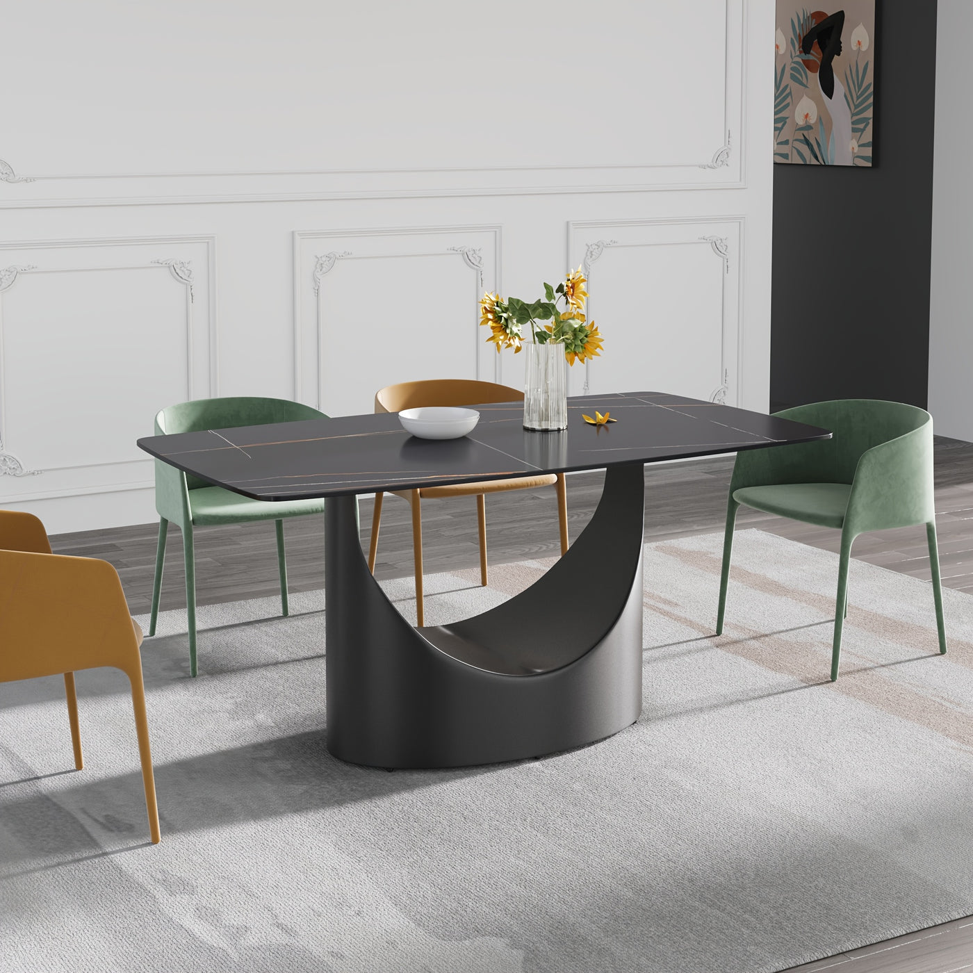 Modern Rectangle Marble Dining Table(Dining Table Only, Chairs Not Included), Marble Sintered Stone Top Dining Table, Rectangle Dining Room Table With Unique U-Shape Carbon Steel Pedestal For Kitchen/Living Room