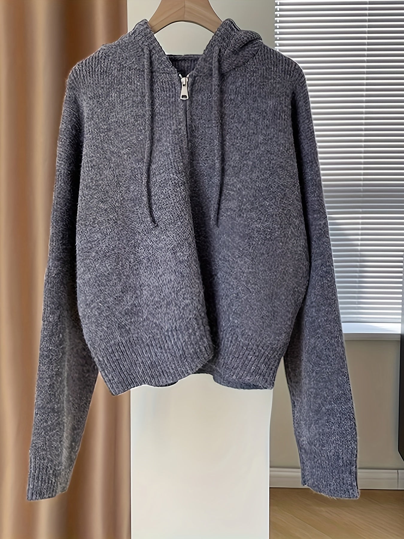 Solid Zipper Drawstring Hooded Cardigan, Casual Long Sleeve Loose Cardigan For Fall & Winter, Women's Clothing