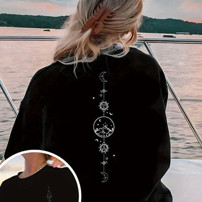 Women's Black & White Celestial Print Short Sleeve T-Shirt - Front & Back Moon & Stars Graphic, Medium Stretch Round Neck Casual Top, Machine Washable All-Season Comfort Fit, Everyday Top | Stylish Back Print | Quality Casual