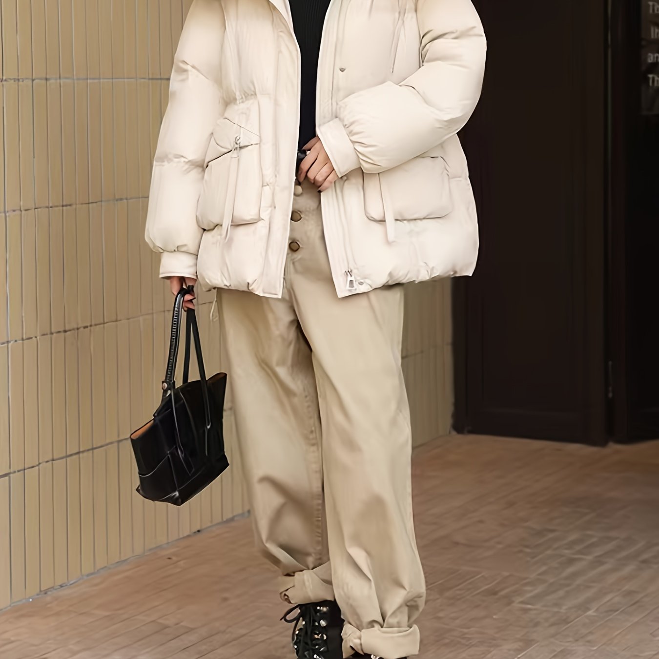 Women's Fashion Korean Style Mid-Length Puffer Coat, Thickened Warmth with Hood, Solid Color, Non-Stretch Polyester, Casual Loose Fit, Long Sleeve, Zipper Front, 180g Down, Winter Outerwear