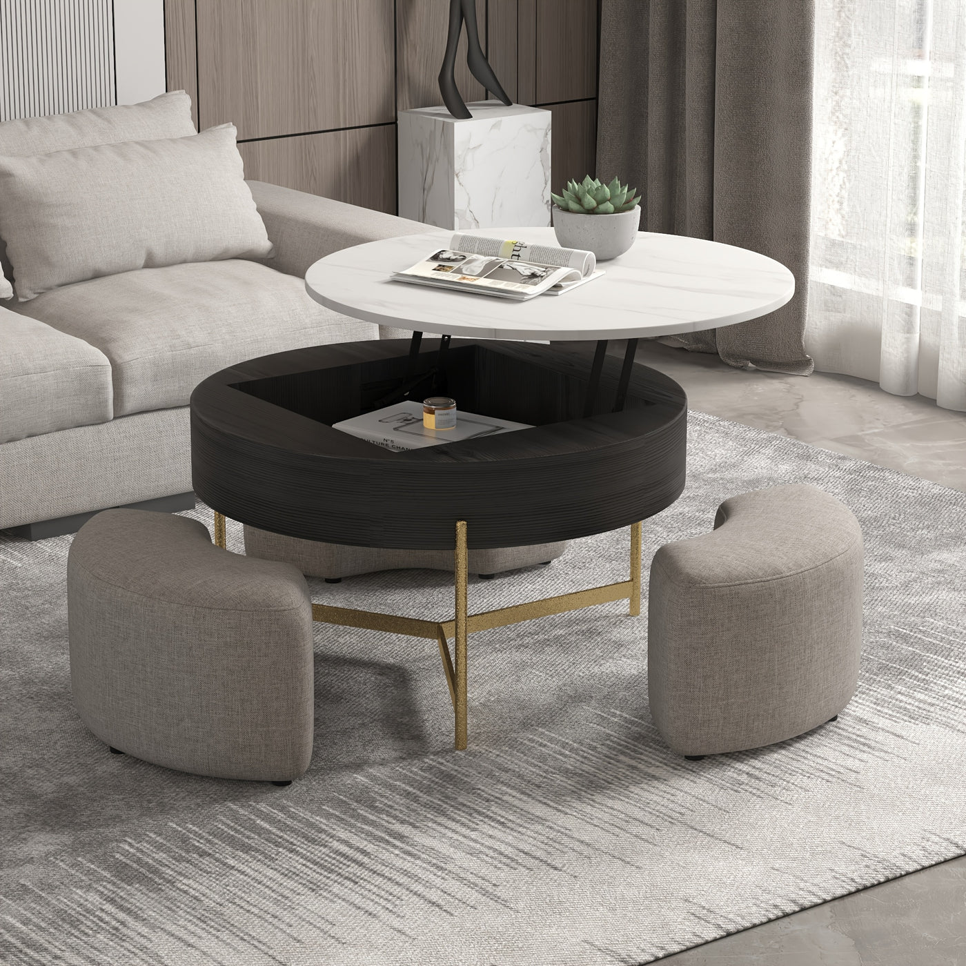 Modern Lift-Top Coffee Table with Storage & Stools - Adjustable Height, Faux Marble Top, Wooden Base, Space-Saving Design for Living Room or Office, Coffee Table for Living Room, Office Furniture, Contemporary Furniture, Eleg