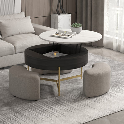 Modern Lift-Top Coffee Table with Storage & Stools - Adjustable Height, Faux Marble Top, Wooden Base, Space-Saving Design for Living Room or Office, Coffee Table for Living Room, Office Furniture, Contemporary Furniture, Eleg