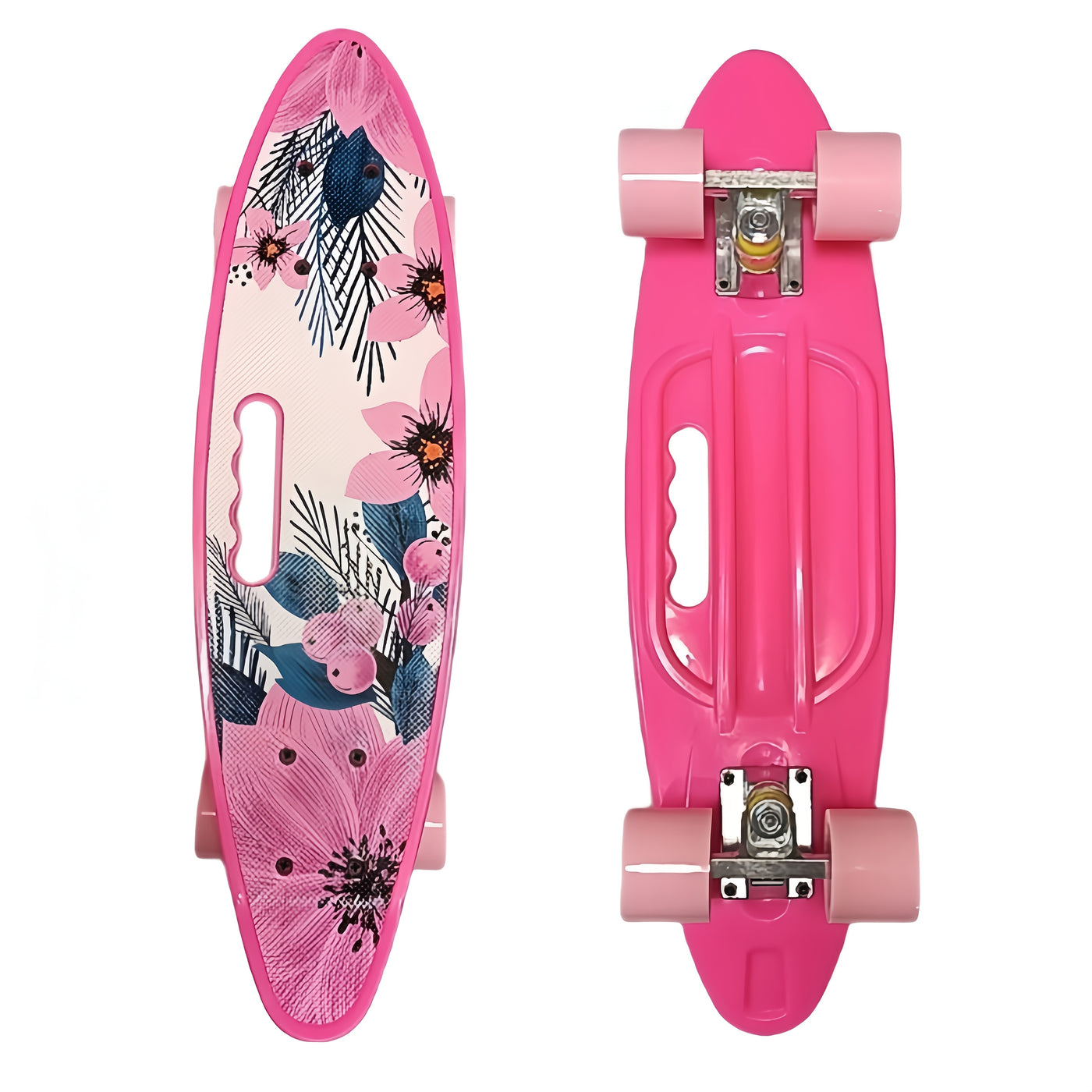 Pink Floral Mini Cruiser Skateboard - 23.6" Single Handle, Beginner-Friendly, Portable Fish Board Design with Vibrant Flower Pattern, Ideal Holiday Gift for All Skill Levels, Gift Skateboard|Floral Skateboard|Polypropylene De
