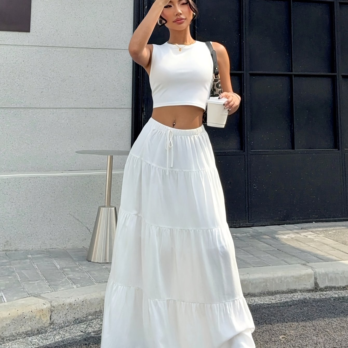 2pcs Women'S Solid Color Crop Top and Maxi Skirt Set