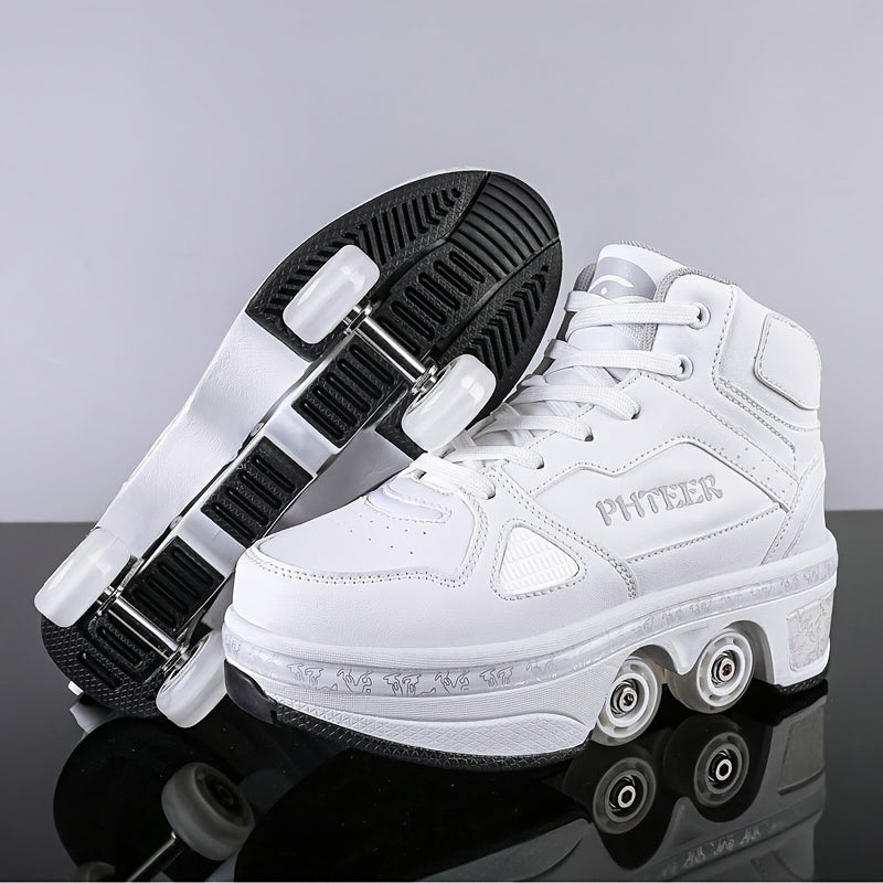 Unisex Roller Skates for Adults & Teens - 4-Wheel Retractable Design, White & Black Checkered Pattern, Synthetic Synthetic Faux Upper, TPR Sole, Lace-Up Closure, All-Season Outdoor Sports & Casual Wear, Roller Skates for Adul