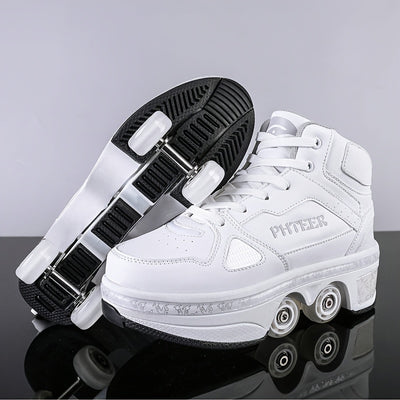 Unisex Roller Skates for Adults & Teens - 4-Wheel Retractable Design, White & Black Checkered Pattern, Synthetic Synthetic Faux Upper, TPR Sole, Lace-Up Closure, All-Season Outdoor Sports & Casual Wear, Roller Skates for Adul