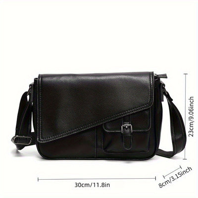Genuine Leather Unisex Crossbody Messenger Bag - Sleek Minimalist Design with Adjustable Strap, Multiple Compartments & Metal Hardware, Black for Men & Women, Casual & Professional Use, Versatile Travel Purse | Korean Fashion