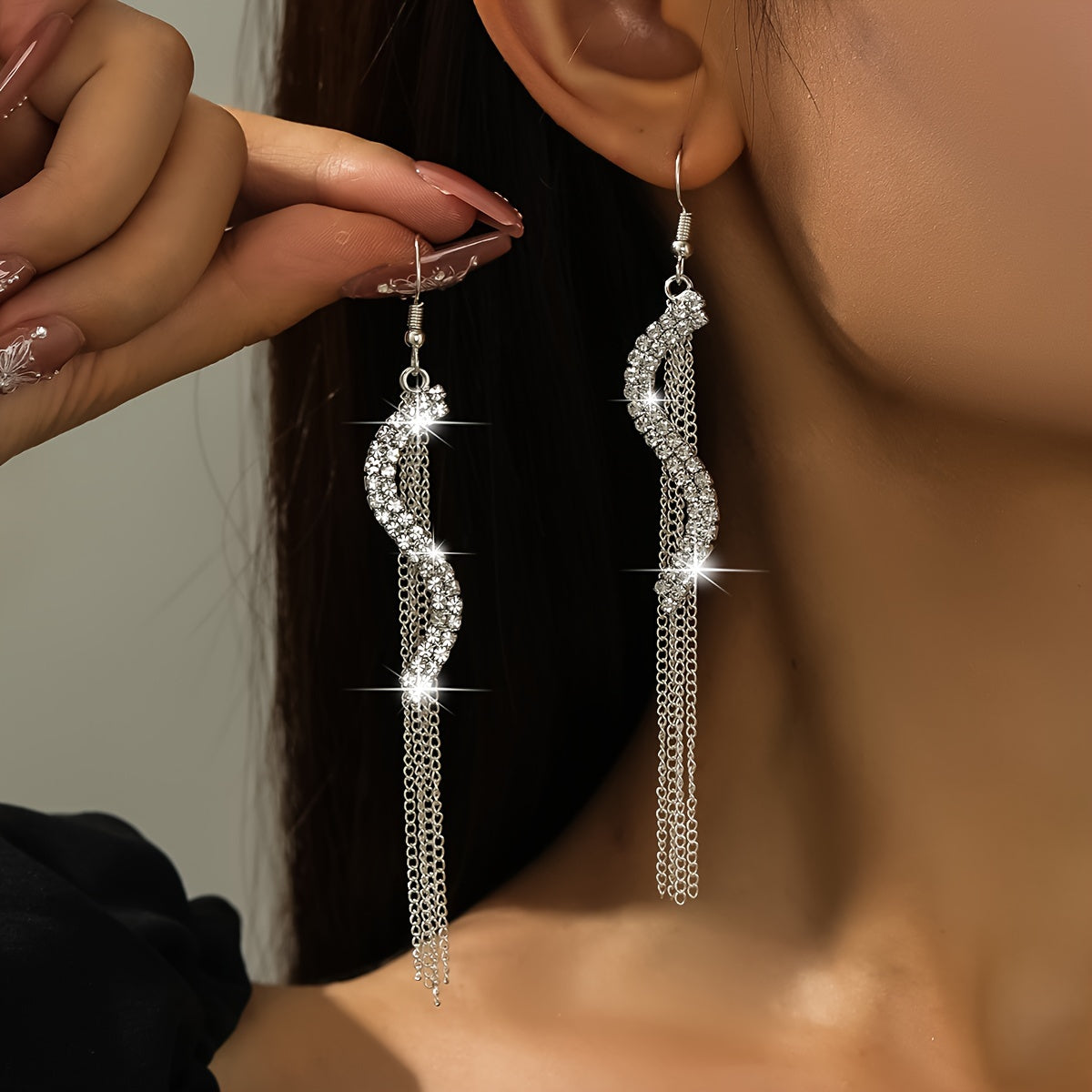 Korean Exaggerated S-shaped Rhinestone Tassel Long Earrings Fashion Versatile Ear Line Super Fairy Sweet Girl Earrings