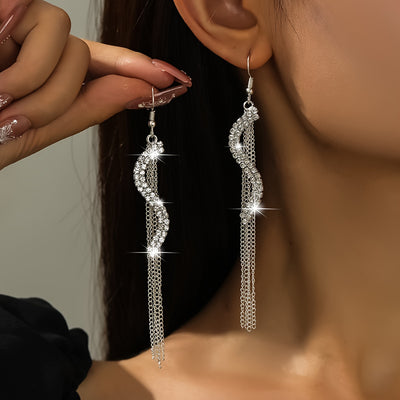 Korean Exaggerated S-shaped Rhinestone Tassel Long Earrings Fashion Versatile Ear Line Super Fairy Sweet Girl Earrings