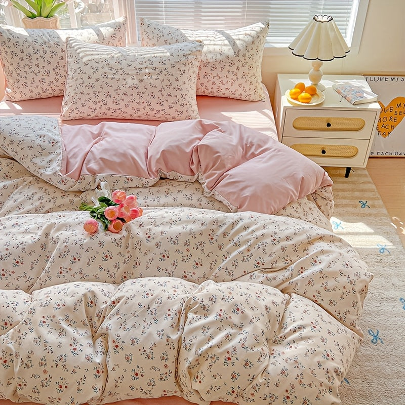 3pcs Korean Style Duvet Cover Set, New American Floral Duvet Cover Set with 1 Single Duvet Cover + 2 Pillowcases, Comfortable and Breathable, Machine Washable, Non-Fading and Deforming, Suitable for All Seasons, Light Beige-F