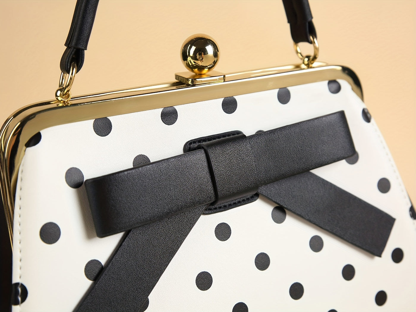 [Elegant Handbag] High Quality Lacquered Handbag | 2024 Autumn New Korean Polka Dot for Women - Kiss Lock Closure, Removable Shoulder Strap & Bow Detail, Glossy Patent Look (Black/White, Bronze, Pink & White) - Perfect for We