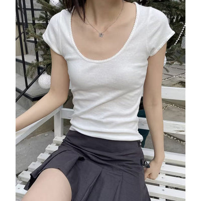 Cotton Round Neck White BM Ruffled Short Sleeves T-shirt Slim Top