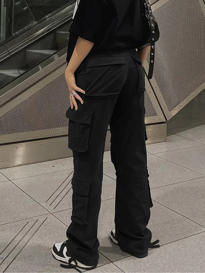 [Y2K Fashion Cargo Pants] Women's High-Waisted Cargo Pants with Flap Pockets, Y2K Kpop Style, Retro Streetwear, Loose Fit Polyester Straight Leg Trousers for All Seasons, Casual Wear Pants|Y2K Fashion|Polyester Fabri