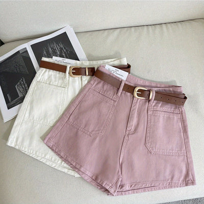 Women's High-Waisted A-Line Denim Shorts - Summer 2024 Fashion, Versatile Korean Style Wide-Leg Hot Pants, White & Pinkish-Beige Jean Shorts with Adjustable Belt, Casual Streetwear for Women, Adjustable Fit Shorts | Buckle De
