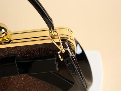 [Elegant Handbag] High Quality Lacquered Handbag | 2024 Autumn New Korean Polka Dot for Women - Kiss Lock Closure, Removable Shoulder Strap & Bow Detail, Glossy Patent Look (Black/White, Bronze, Pink & White) - Perfect for We