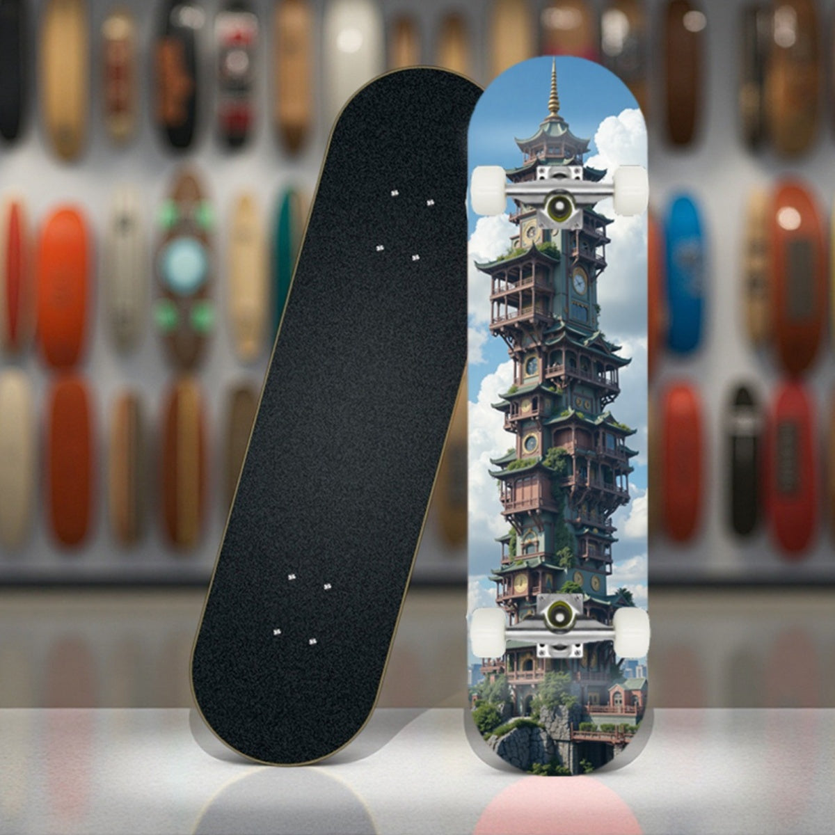 Professional-Grade Longboard Skateboard - Ultra-Lightweight Lightweight Construction, Tall Pagoda Clock Tower Graphic - for Street Skateboarding, Downhill, Cruising - Intermediate Skateboard for Adults & Teens - Skateboard Pa