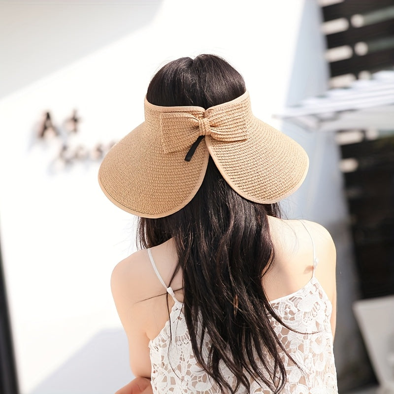 Women'S Summer Sun Hat with Open Top - Wide Brim, Elastic, Breathable Fabric, UV Protection, Foldable & Portable, Korean Fashion, No Feathers, Weave Craftsmanship