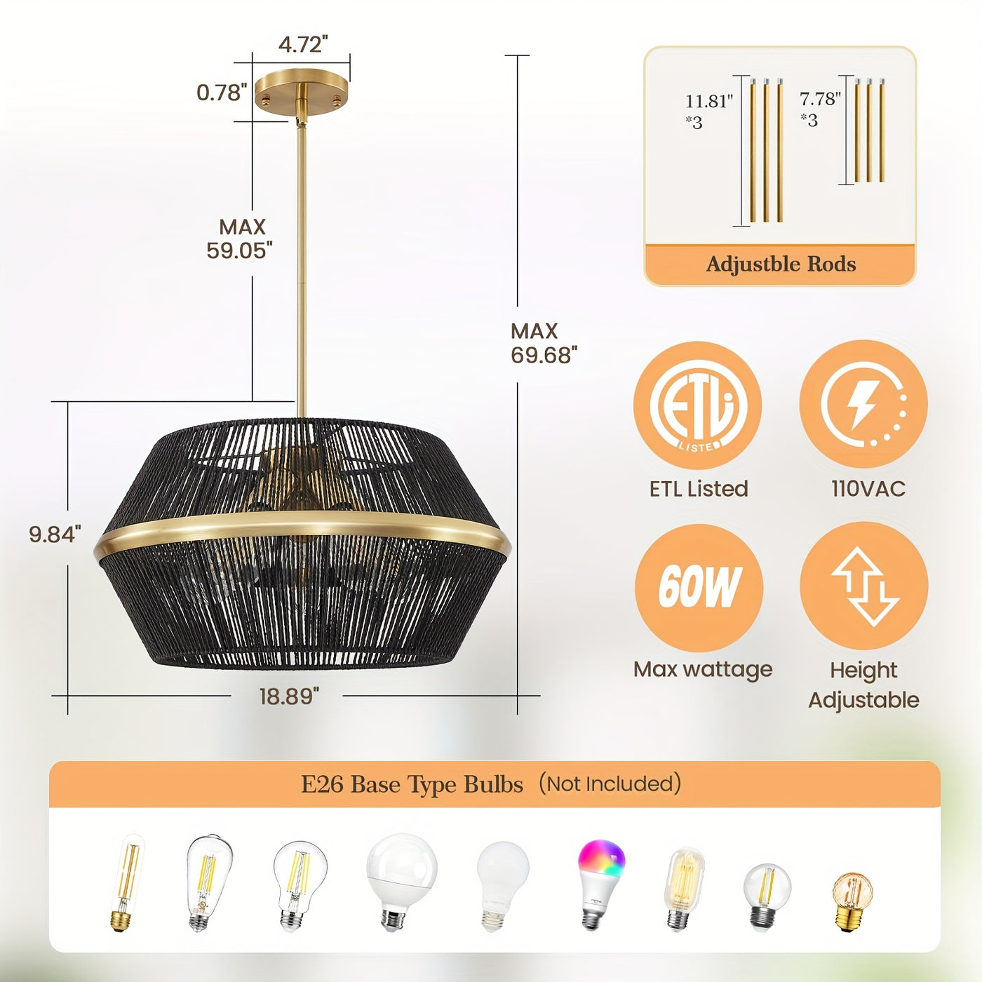 19" Adjustable Height 5-Light Black Rattan Farmhouse Chandelier - Hand-Woven Boho Pendant Light Fixture for High Ceilings, Rustic Dining Room & Kitchen, Easy Install with Hardware Included