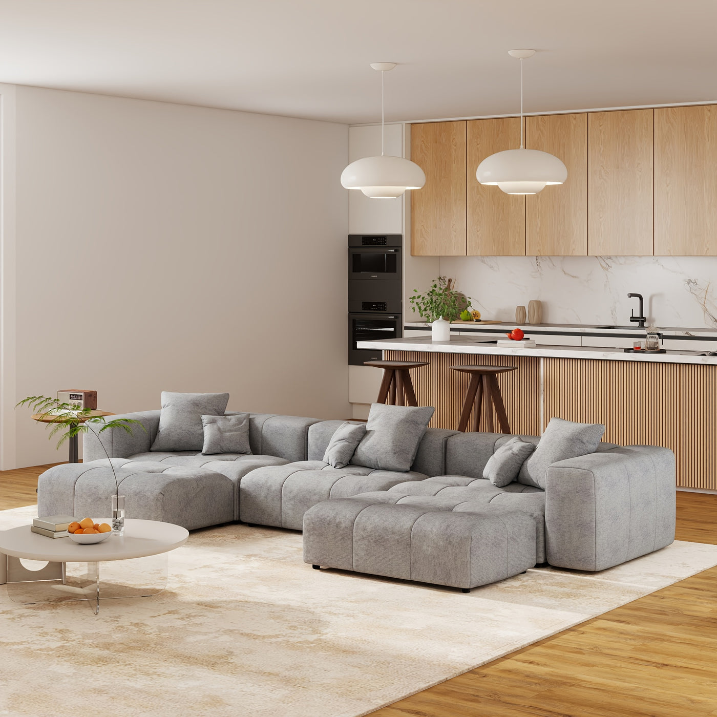 144" Modern White Linen Modular Sectional Sofa with 2 Ottomans - 3-Seater L-Shaped or U-Shaped Configurations, Plush Cushioned Deep Seat, Hardwood Frame & Chenille Fabric, Removable Washable Cover, Neutral-Toned Living Room C