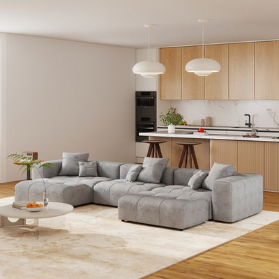 144" Modern White Linen Modular Sectional Sofa with 2 Ottomans - 3-Seater L-Shaped or U-Shaped Configurations, Plush Cushioned Deep Seat, Hardwood Frame & Chenille Fabric, Removable Washable Cover, Neutral-Toned Living Room C