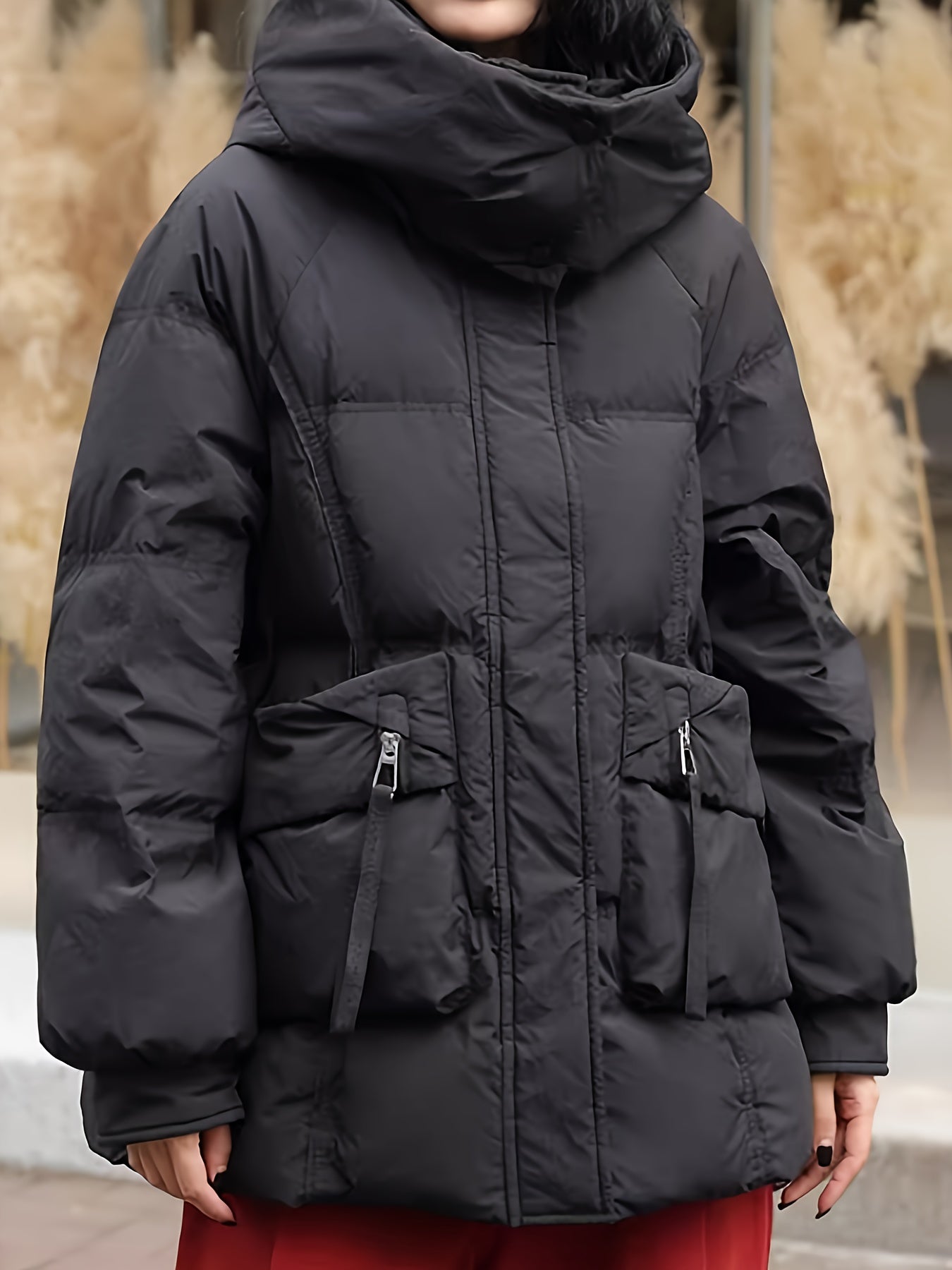 Women's Fashion Korean Style Mid-Length Puffer Coat, Thickened Warmth with Hood, Solid Color, Non-Stretch Polyester, Casual Loose Fit, Long Sleeve, Zipper Front, 180g Down, Winter Outerwear