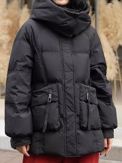 Women's Fashion Korean Style Mid-Length Puffer Coat, Thickened Warmth with Hood, Solid Color, Non-Stretch Polyester, Casual Loose Fit, Long Sleeve, Zipper Front, 180g Down, Winter Outerwear